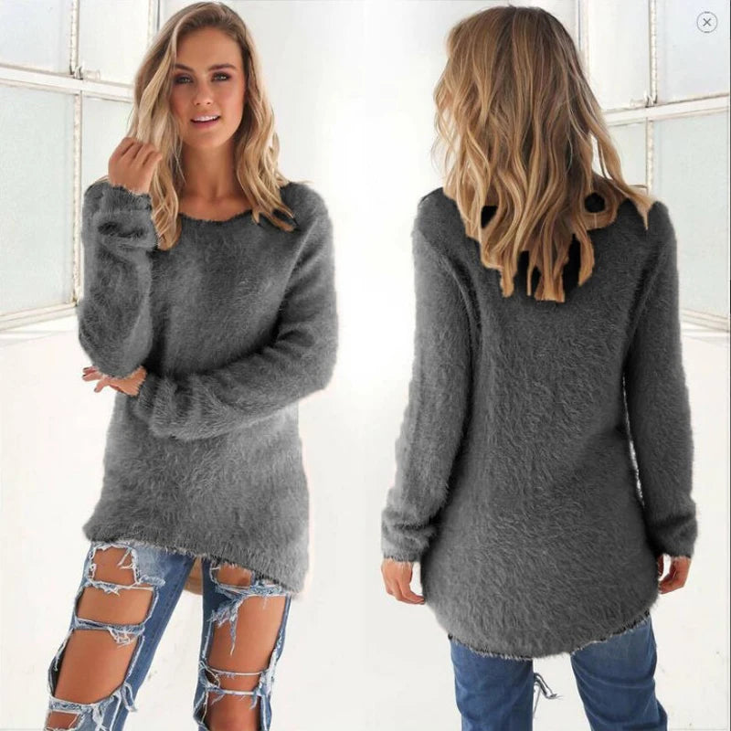 2024 Women Warm Sweaters Solid Color O Neck Loose Knitted Pullover Long Sweater Casual Blouse Lady Hipster Comfortable Clothing