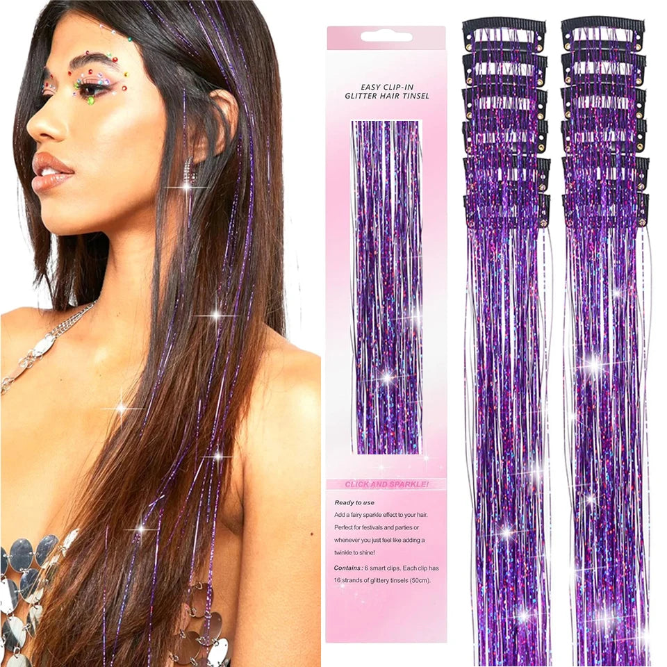 12Pcs Hair Tinsel Clip In Fashion Glitter Tinsel Synthetic Straight Hair Extensions Tinsel Kit Shiny Hair Accessories For Women