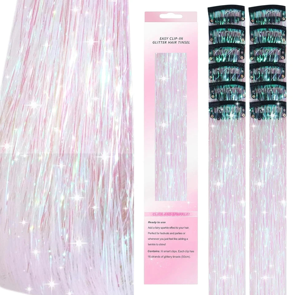 12Pcs Hair Tinsel Clip In Fashion Glitter Tinsel Synthetic Straight Hair Extensions Tinsel Kit Shiny Hair Accessories For Women