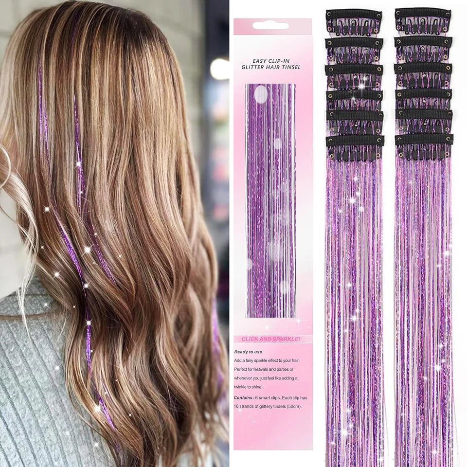 12Pcs Hair Tinsel Clip In Fashion Glitter Tinsel Synthetic Straight Hair Extensions Tinsel Kit Shiny Hair Accessories For Women