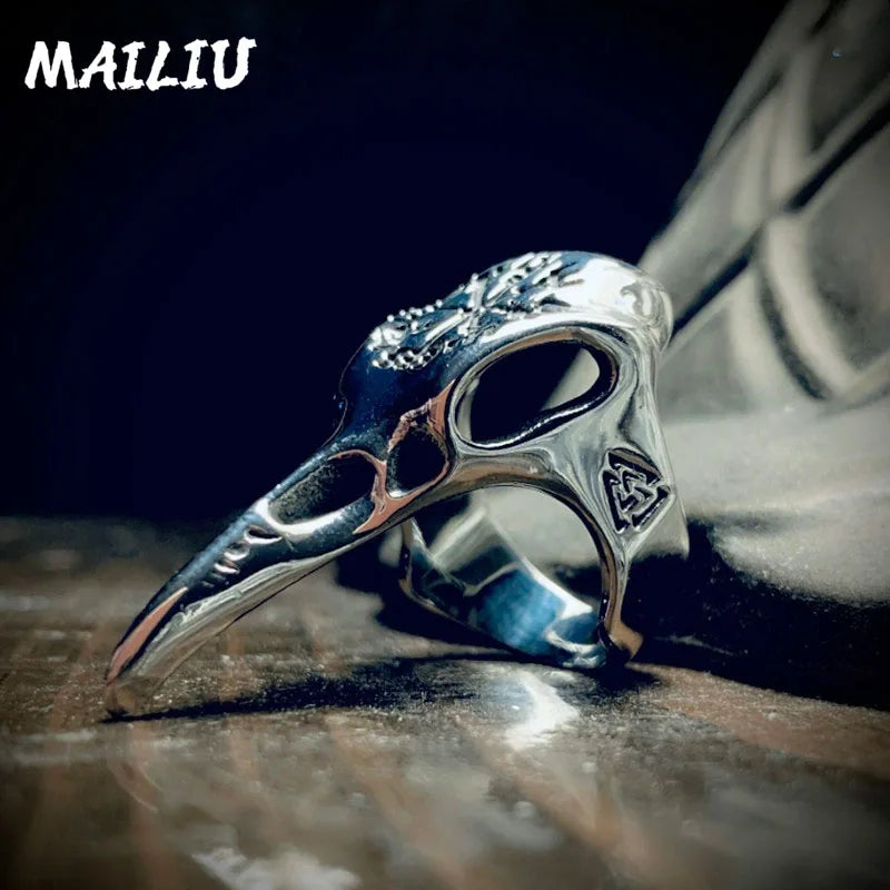 Viking Crow Bone Ring Fashion Men's Punk Rock Hip Hop Ring Vintage silver color Pirate Rune Symbol Ring Amulet Jewelry gifts