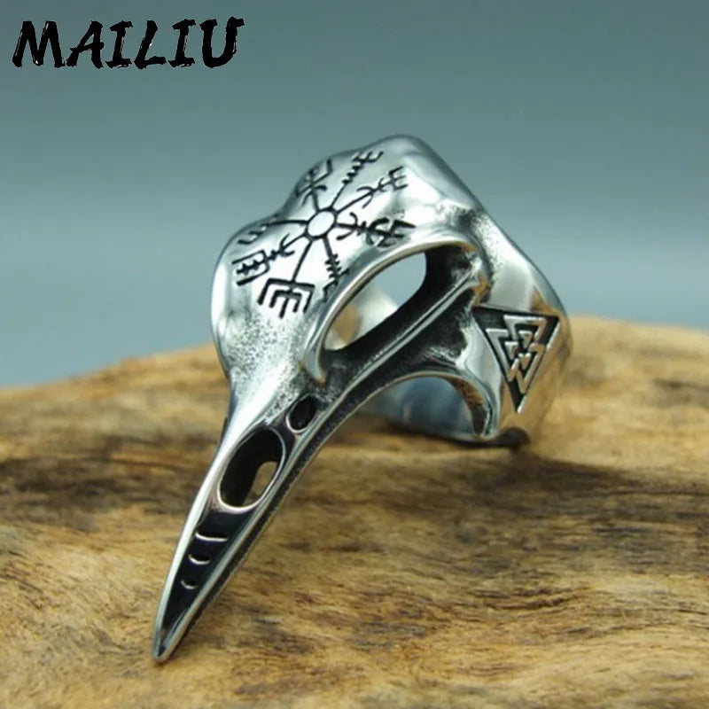 Viking Crow Bone Ring Fashion Men's Punk Rock Hip Hop Ring Vintage silver color Pirate Rune Symbol Ring Amulet Jewelry gifts