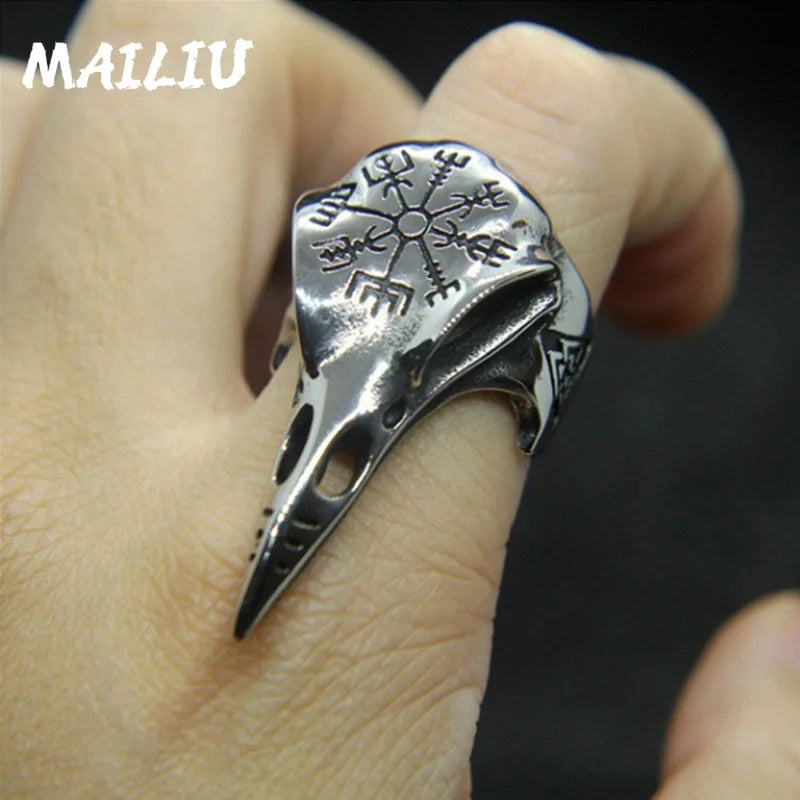 Viking Crow Bone Ring Fashion Men's Punk Rock Hip Hop Ring Vintage silver color Pirate Rune Symbol Ring Amulet Jewelry gifts