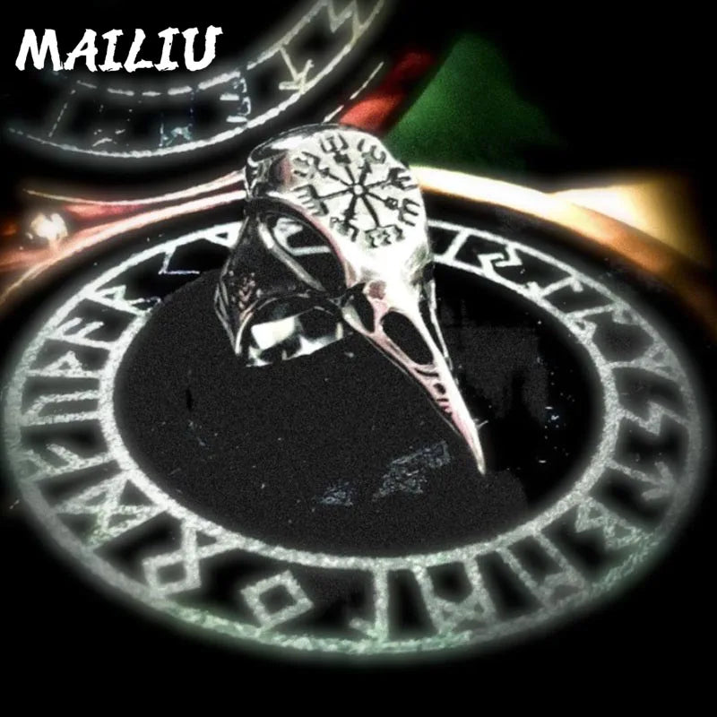 Viking Crow Bone Ring Fashion Men's Punk Rock Hip Hop Ring Vintage silver color Pirate Rune Symbol Ring Amulet Jewelry gifts
