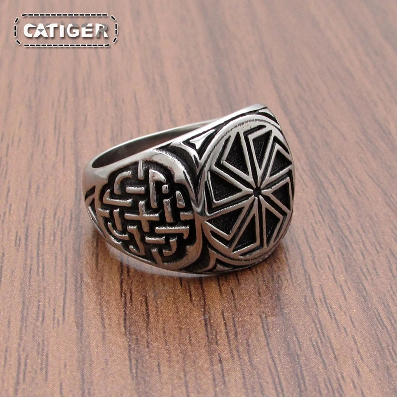 Punk 316L Stainless Steel Vikings Slavic Wheel Amulet Ring Scandinavian Runic Vikings Rings  Jewelry
