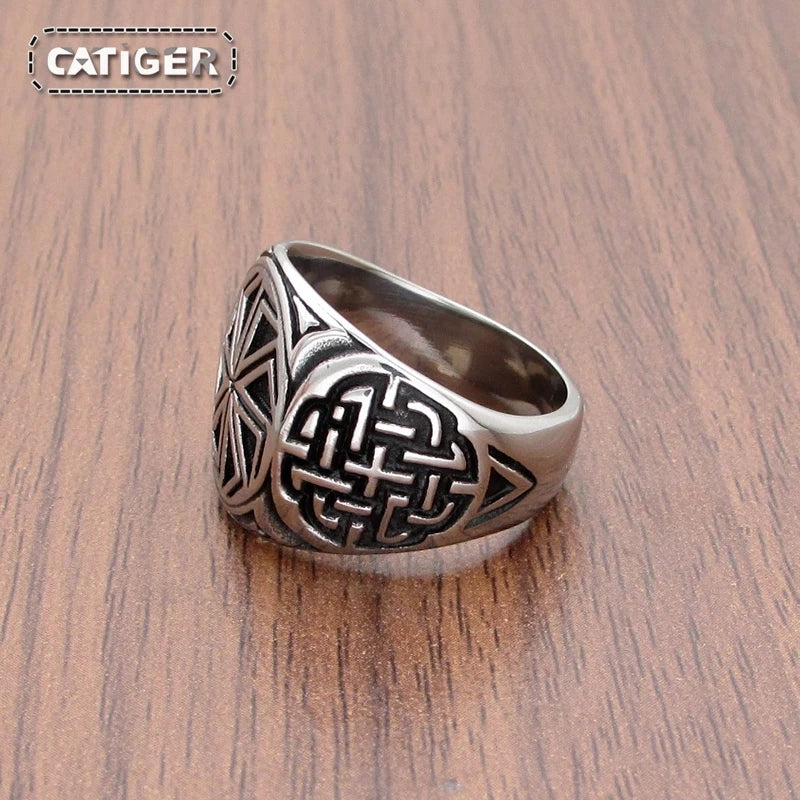 Punk 316L Stainless Steel Vikings Slavic Wheel Amulet Ring Scandinavian Runic Vikings Rings  Jewelry