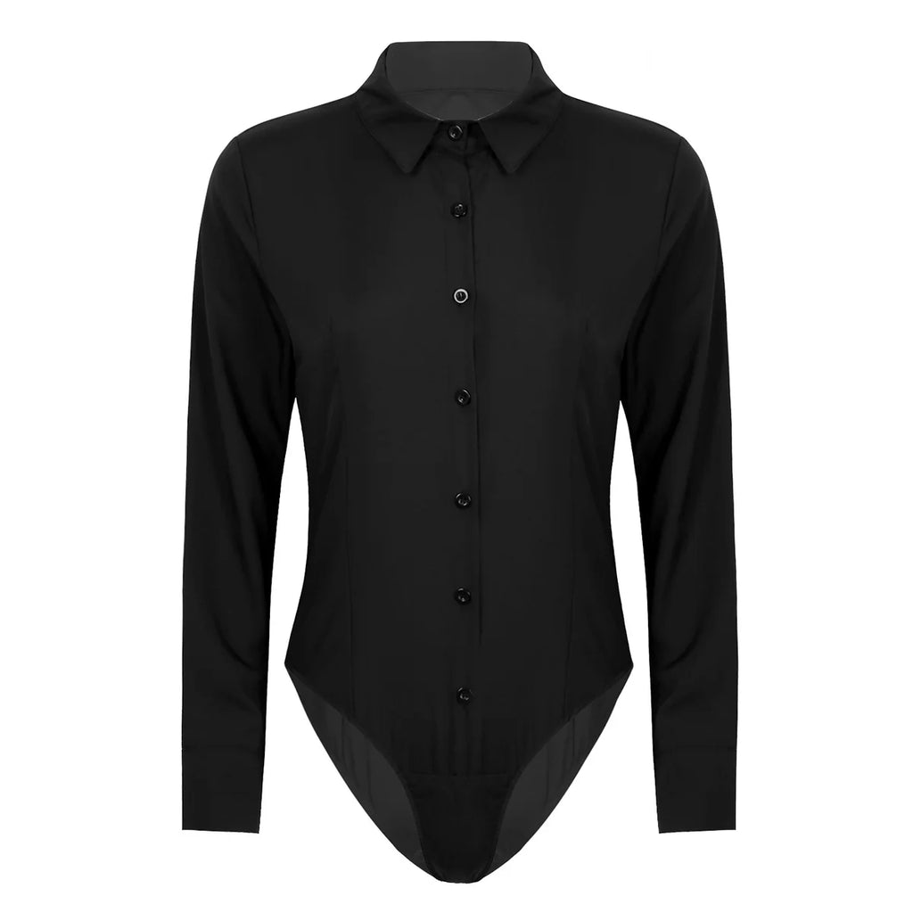 Women's Body Shirt Office Lady Work Uniforms White Blouses Slim Clothes Long Sleeve OL Shirt Leotard Easy Care Work Tights Shirt
