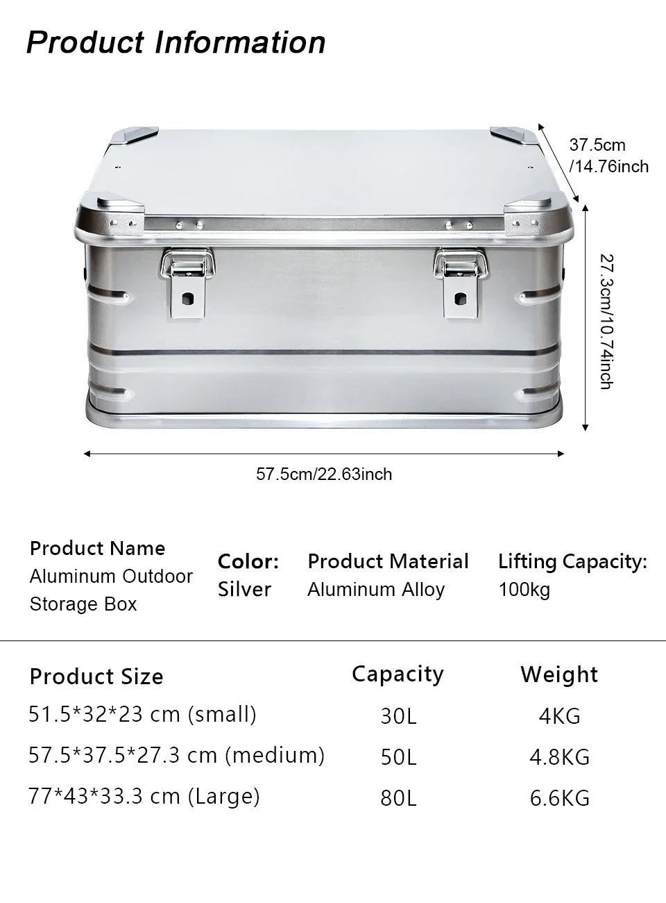 30-80L Camping Picnic Travel Aluminum Alloy Large Capacity Box Accessories Storage Bag Hiking Accessories Outdoor Storage