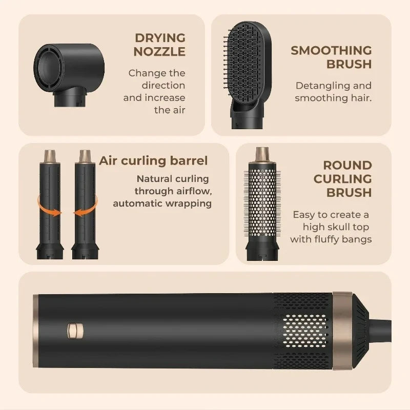 5-in-1 Air Blower Brush Hair Styler Ionic Hot Air Brush Curler & Straightener 1000W Detachable Heads Diffuser Hair Tools
