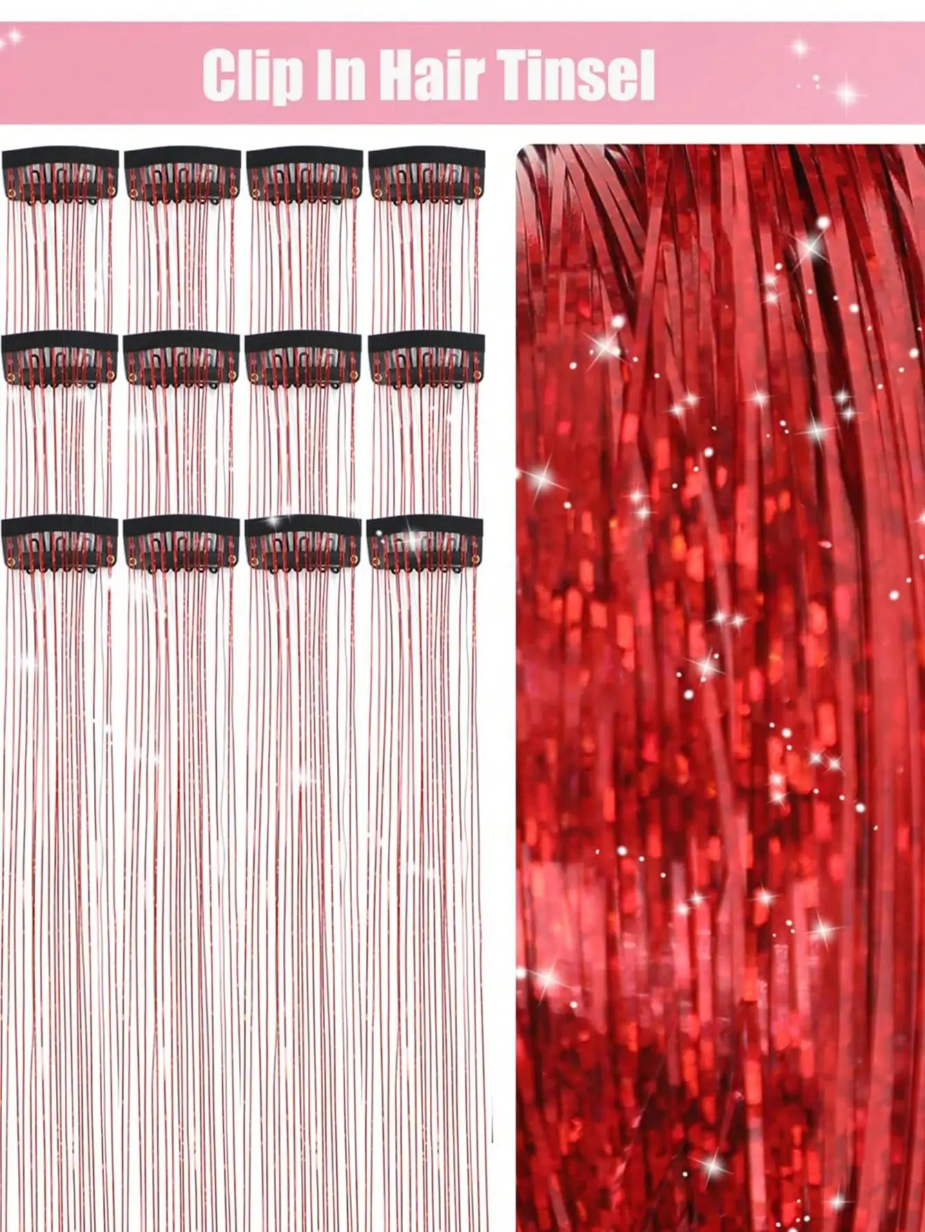 6 Pcs Royal Clip-In Hair Tinsel Synthetic Heat Resistant Glitter Fairy Hair Extensions Kit Clip for Women Girls Party Daily Use