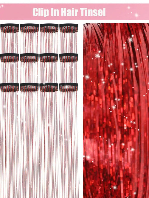 6 Pcs Royal Clip-In Hair Tinsel Synthetic Heat Resistant Glitter Fairy Hair Extensions Kit Clip for Women Girls Party Daily Use