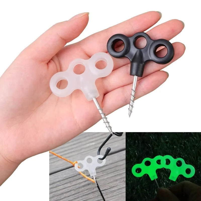 6Pcs Screw Hooks, Rope Buckles, Hiking Camping Pins, Tent Nails, Luminous Travel Outdoor Gear Tent Accessories, Three-Eye Outdoor Deck Rope Fasteners, Tent Accessories