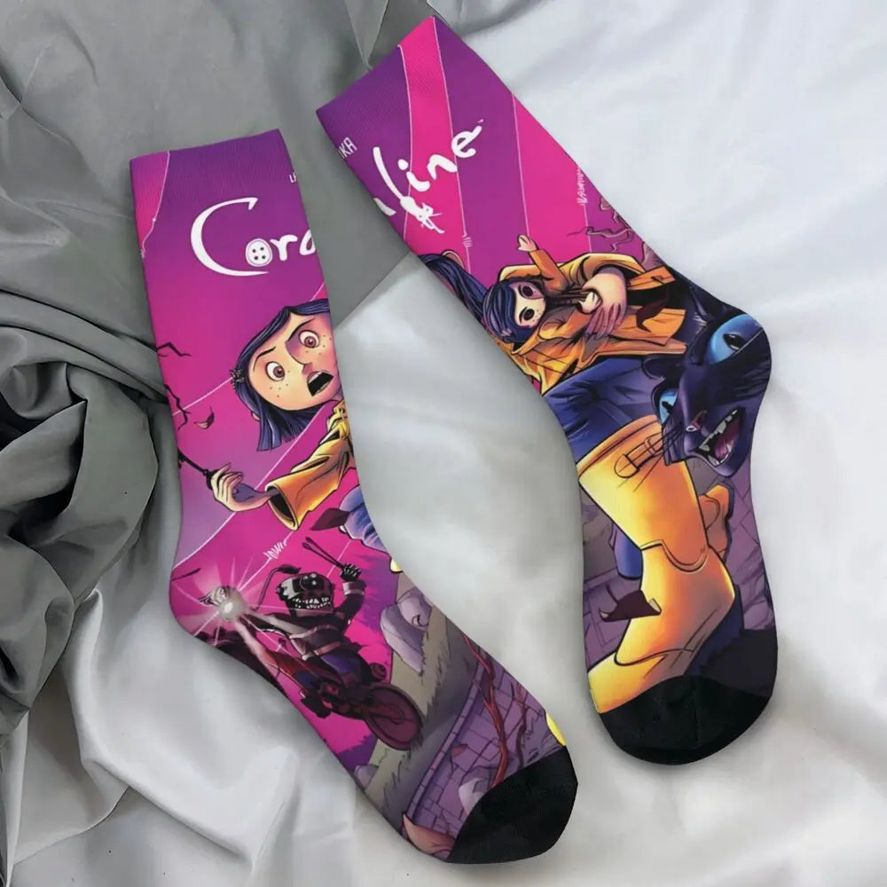 Coraline Horror Movie Stockings Design Funny Socks Autumn Non Skid Socks Couple Running Medium Soft Socks