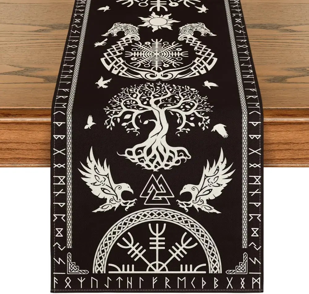 Vintage Nordic Viking printed table flag, artistic Yggdrasil&Run design, faux linen fabric, home, party pagan ritual scenes