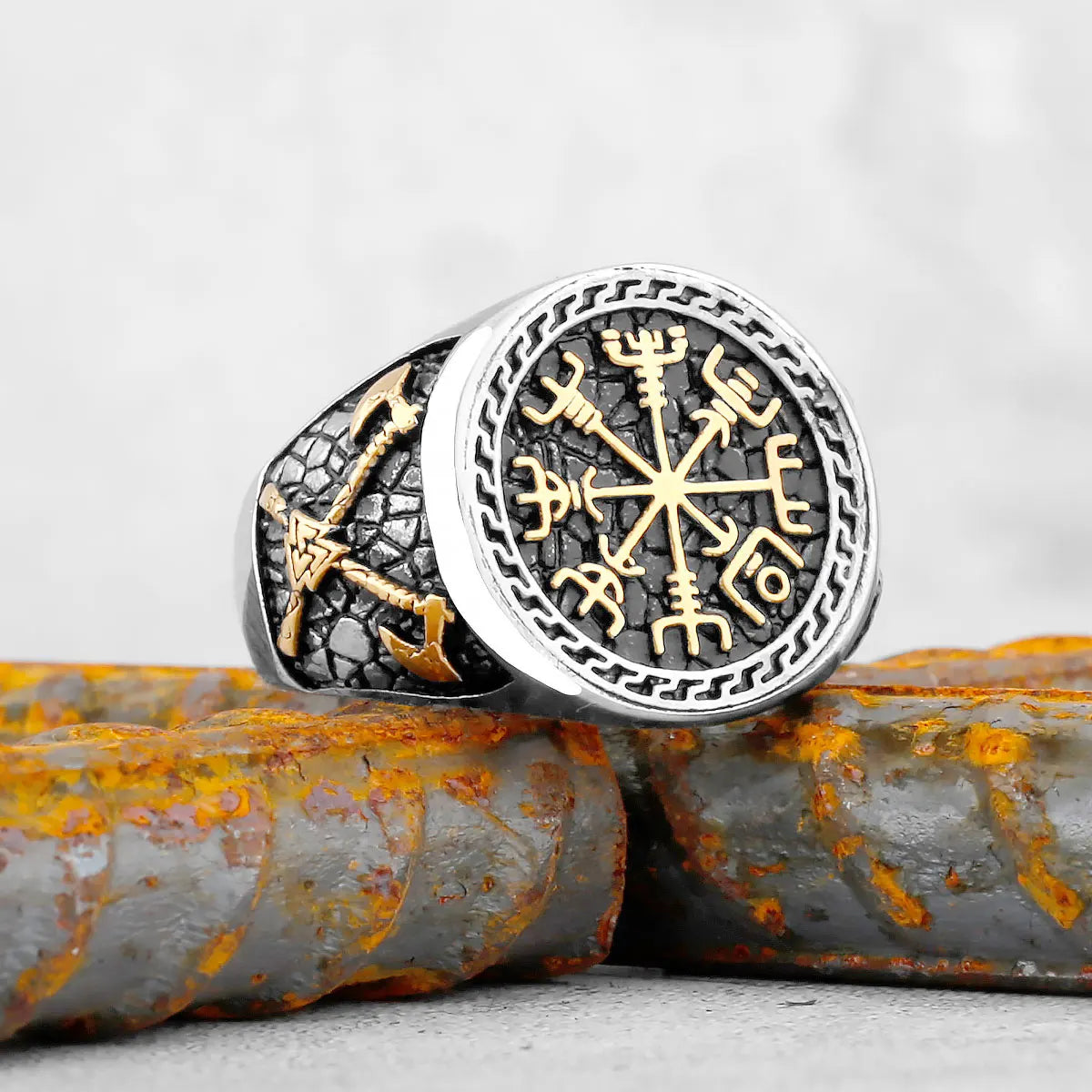 Vintage Viking Stainless Steel Compass Ring Men's Viking Valknut Axe Ring Punk Odin Rune Gold Color Ring Jewelry Gift Wholesale