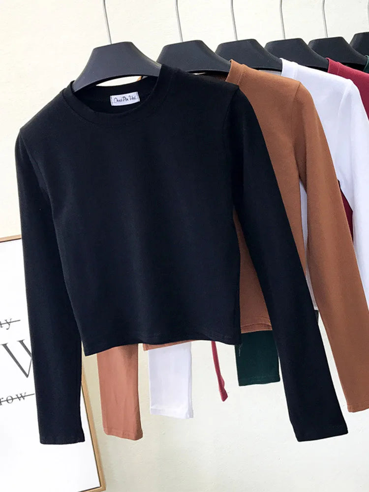 Sexy   Women's Clothing O-Neck Long Sleeve Navel Autumn Base Women's Clothing Fashion Casual Ropa Mujer