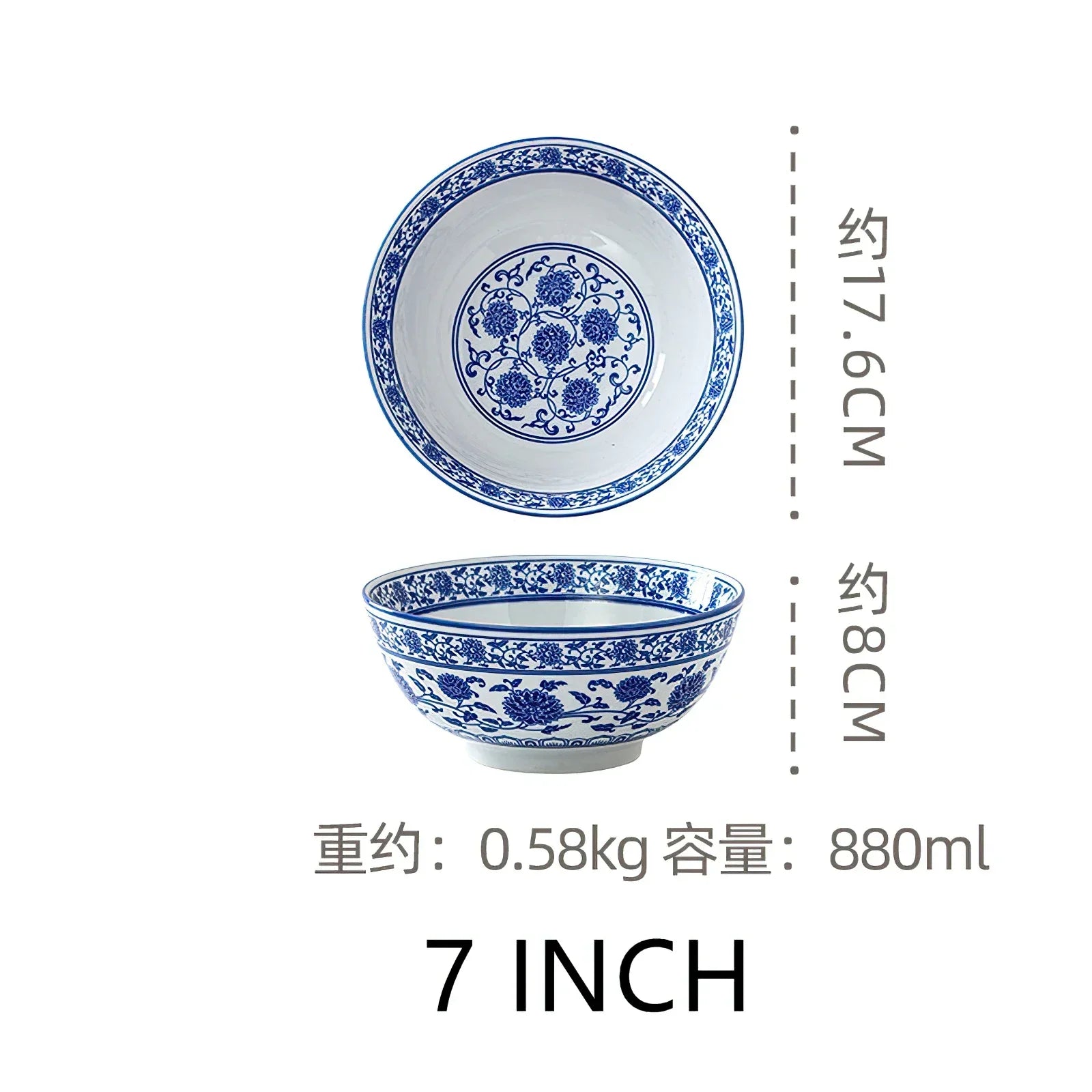 Ceramic Bowl Korean Blue and White Porcelain Tableware Large Noodle Bowl Japanese Retro Soup Bowl Home Kitchen Supplies