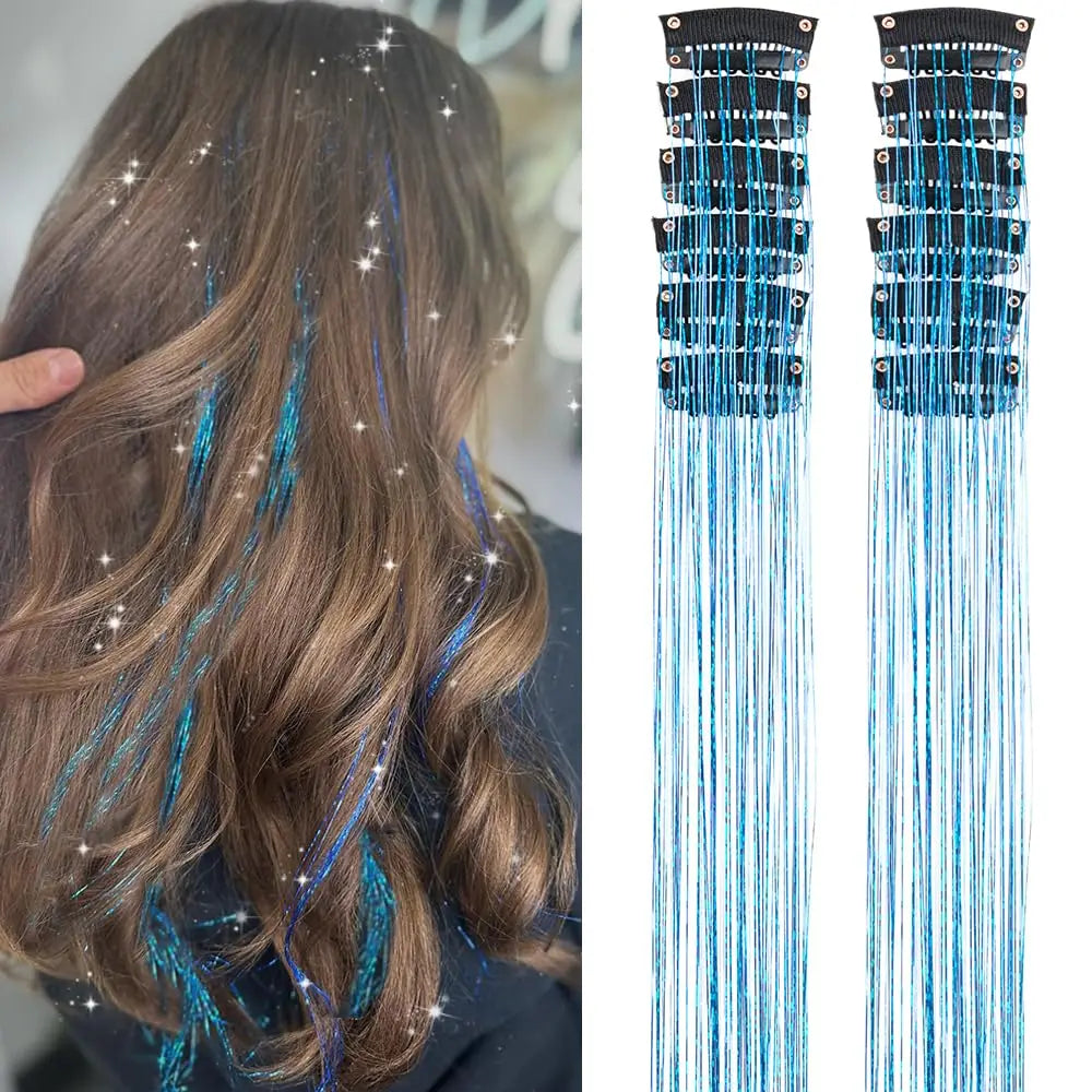 12 Pcs Clip-in Hair Tinsel Pack Colorful Glitter Fairy Hair Extensions Dazzle Party Accessory for Women Girls Kids