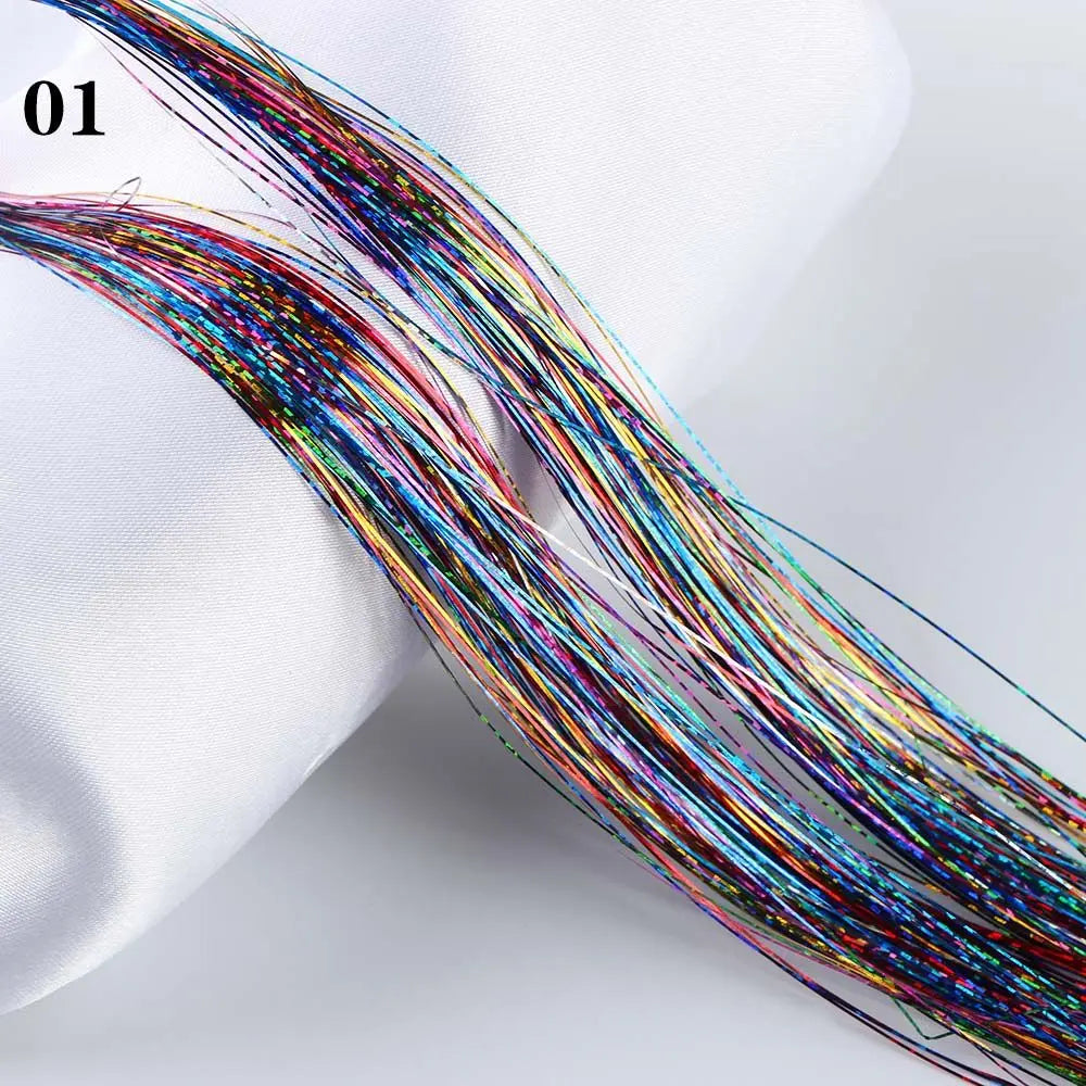 100 Strands Hot Sale Synthetic Hair Sparkly Hair Tinsel Hair Extension Bling Silk Glitter Rainbow  Color