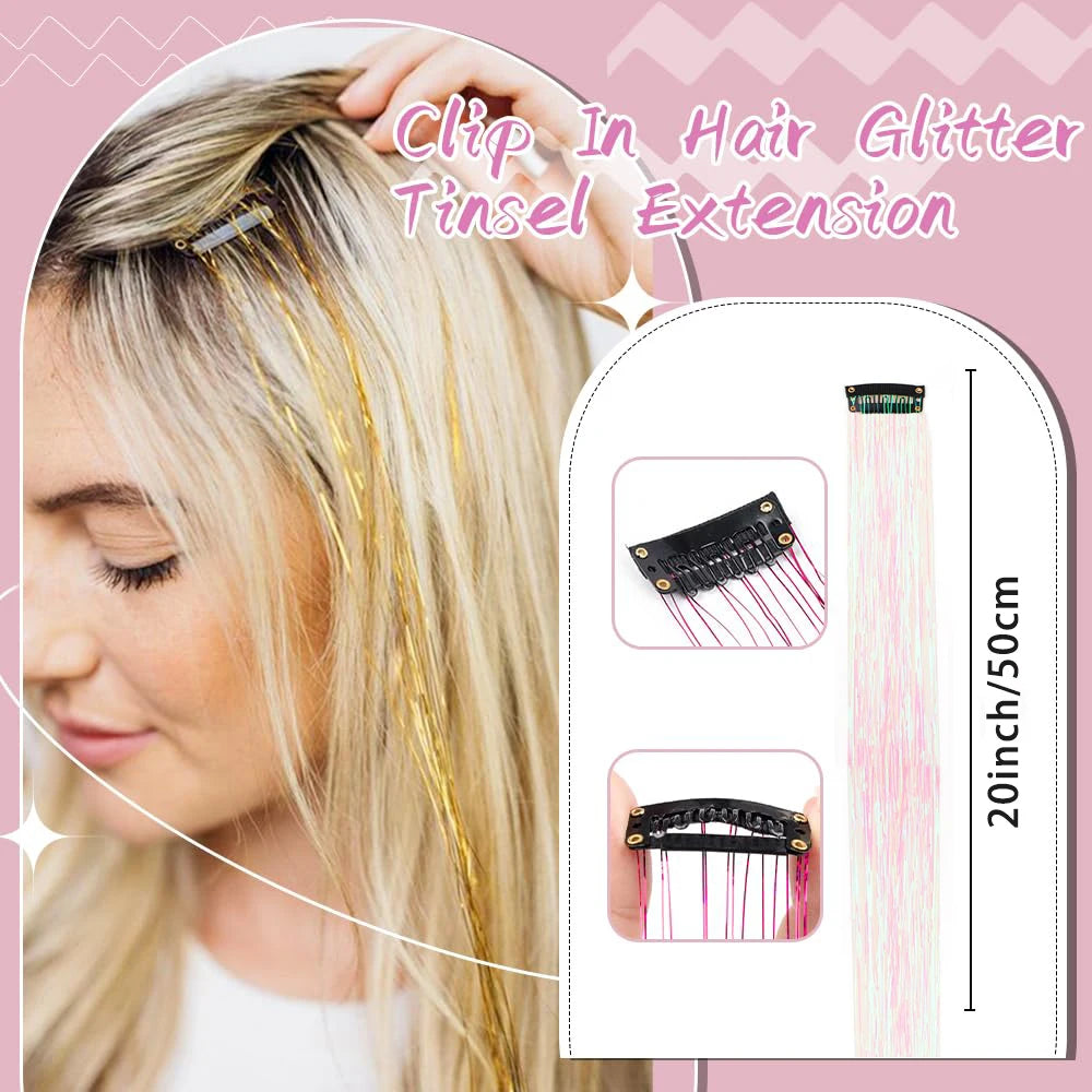 12 Pcs Clip-in Hair Tinsel Pack Colorful Glitter Fairy Hair Extensions Dazzle Party Accessory for Women Girls Kids