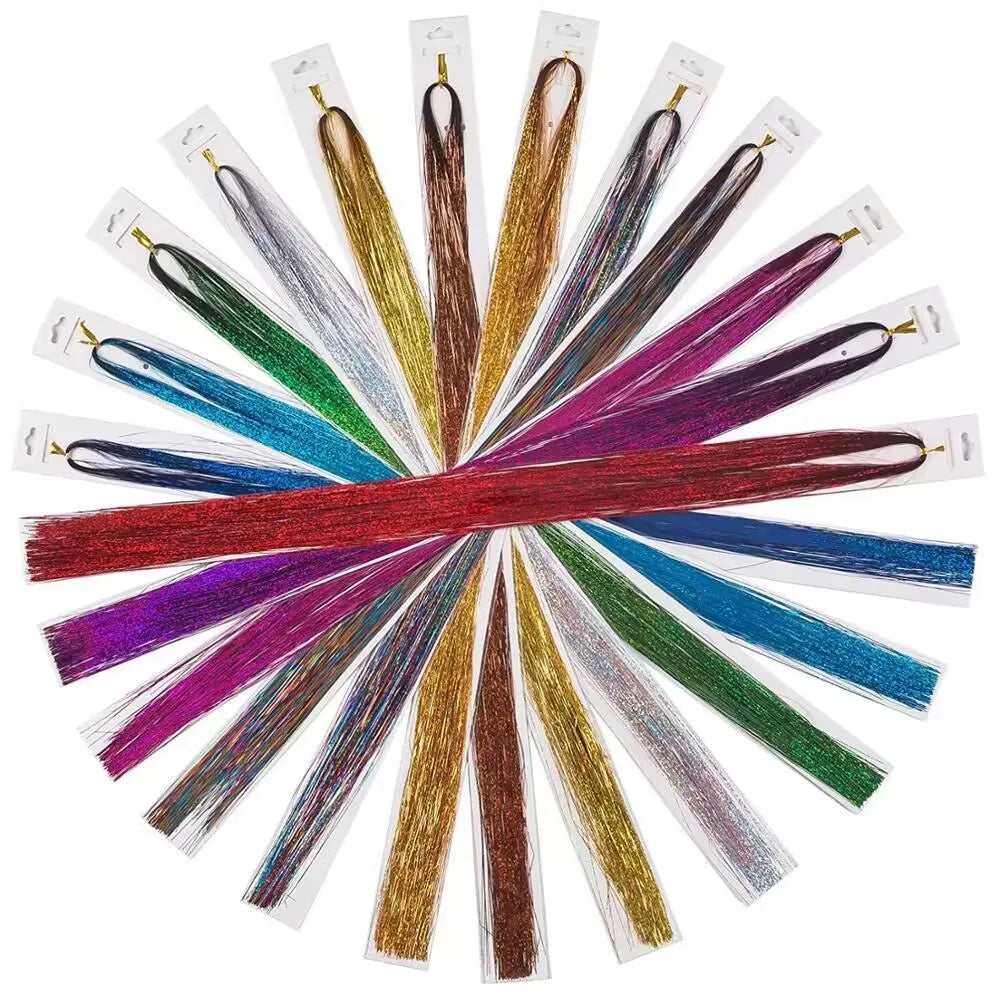 12pcs Synthetic Hair Tinsel Kit Heat Resistant Sparkling Shiny Tinsel Hair Lenth 36/48 inch 12 Colors Tinsel Strands Highlights