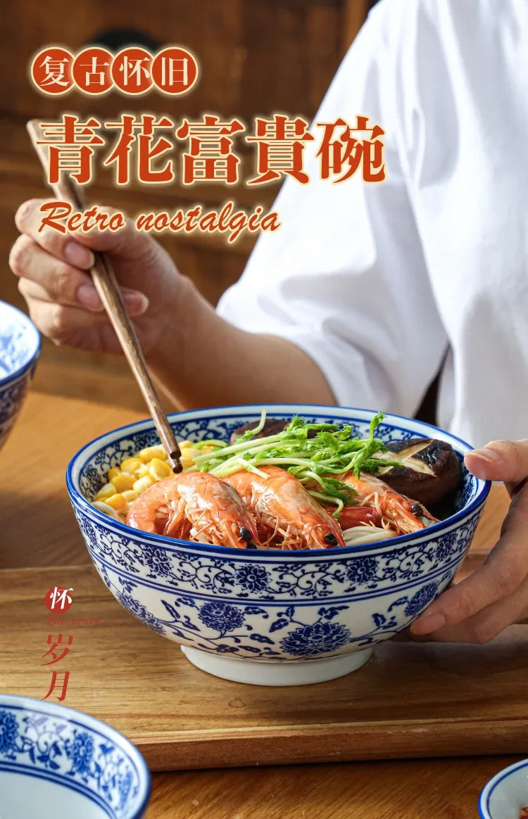 Ceramic Bowl Korean Blue and White Porcelain Tableware Large Noodle Bowl Japanese Retro Soup Bowl Home Kitchen Supplies