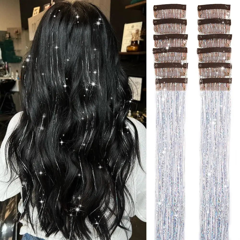 12 Pcs Clip-in Hair Tinsel Pack Colorful Glitter Fairy Hair Extensions Dazzle Party Accessory for Women Girls Kids