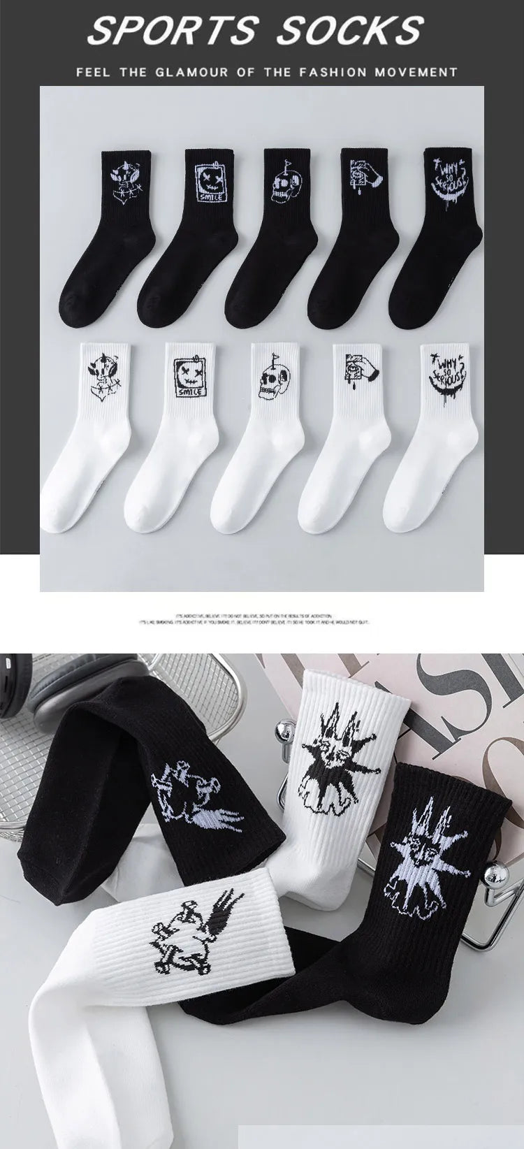 Men's graffiti funny socks, oversized socks, clown spray painted black and white socks