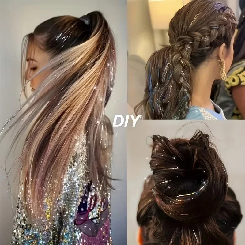 12Pcs Synthetic Hair Tinsel Clip in 52cm Glitter Tinsel HairClip in Hair Tinsel Kit Heat Resistant Shiny Sparkle Fairy Hair