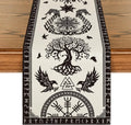 Vintage Nordic Viking printed table flag, artistic Yggdrasil&Run design, faux linen fabric, home, party pagan ritual scenes