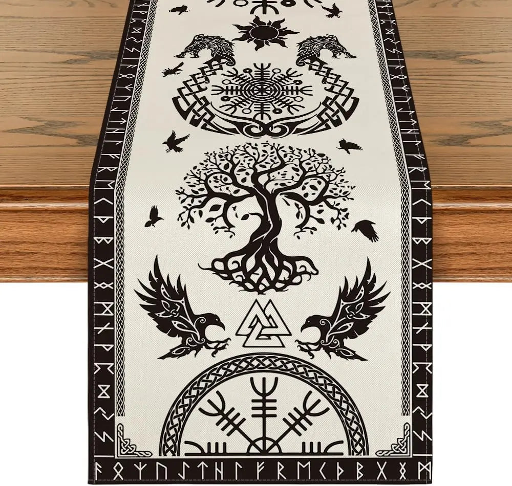 Vintage Nordic Viking printed table flag, artistic Yggdrasil&Run design, faux linen fabric, home, party pagan ritual scenes