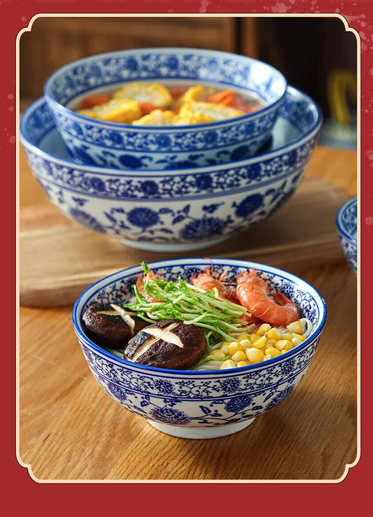 Ceramic Bowl Korean Blue and White Porcelain Tableware Large Noodle Bowl Japanese Retro Soup Bowl Home Kitchen Supplies