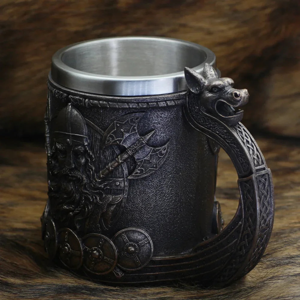 600ml Viking Wood Style Beer Mug Medieval Dragon Resin Stainless Steel Beer Mug  Retro Tankard Skull Coffee Cup Tea Mug Beer Cup