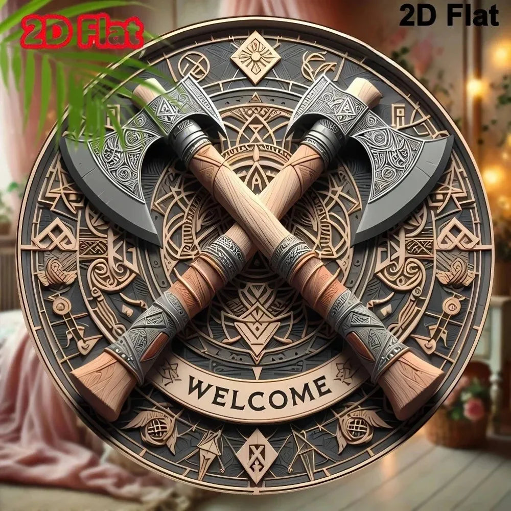 Viking Brand Aluminum Viking Axe Welcome Sign - Norse Design Wall Art Wall-Mounted Unique Home Decor Accent