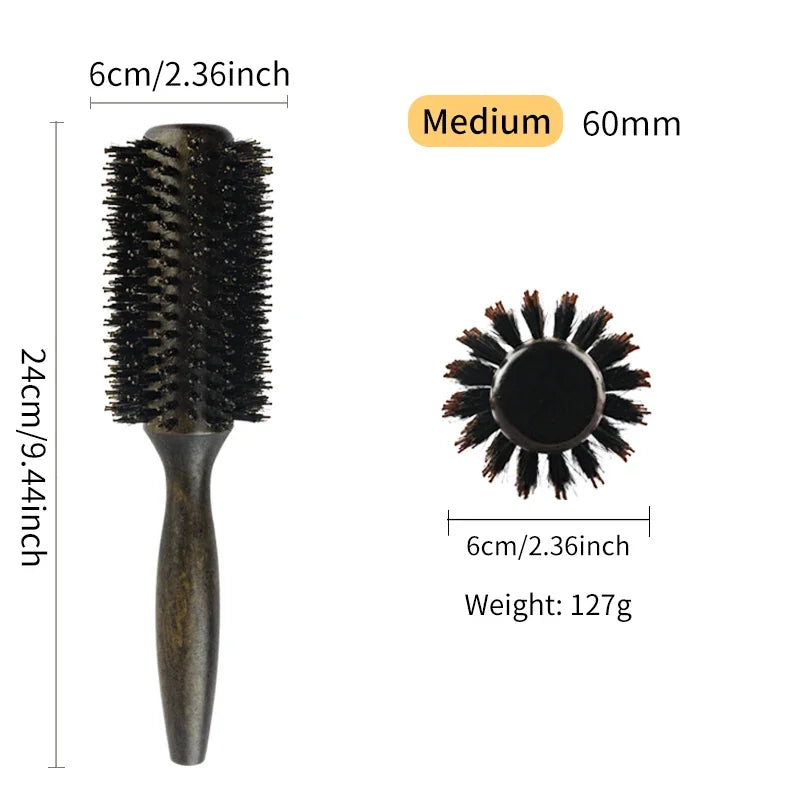 Professional Boar Bristle Round Hair Brush For Women Men Hair Styling Comb Hairdressing Wood Round Brush Barber Accessories