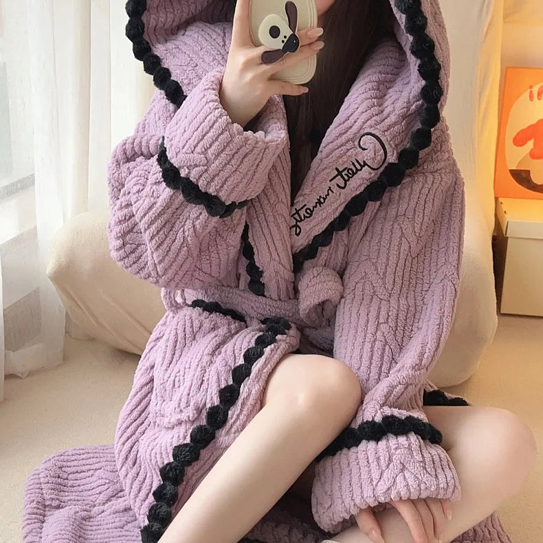 Women's Sexy Robe Coral Fleece Nightgown Female Autumn Winter Thickened Plush Warm Flannel Bathrobe Loose Casual Home Clothing