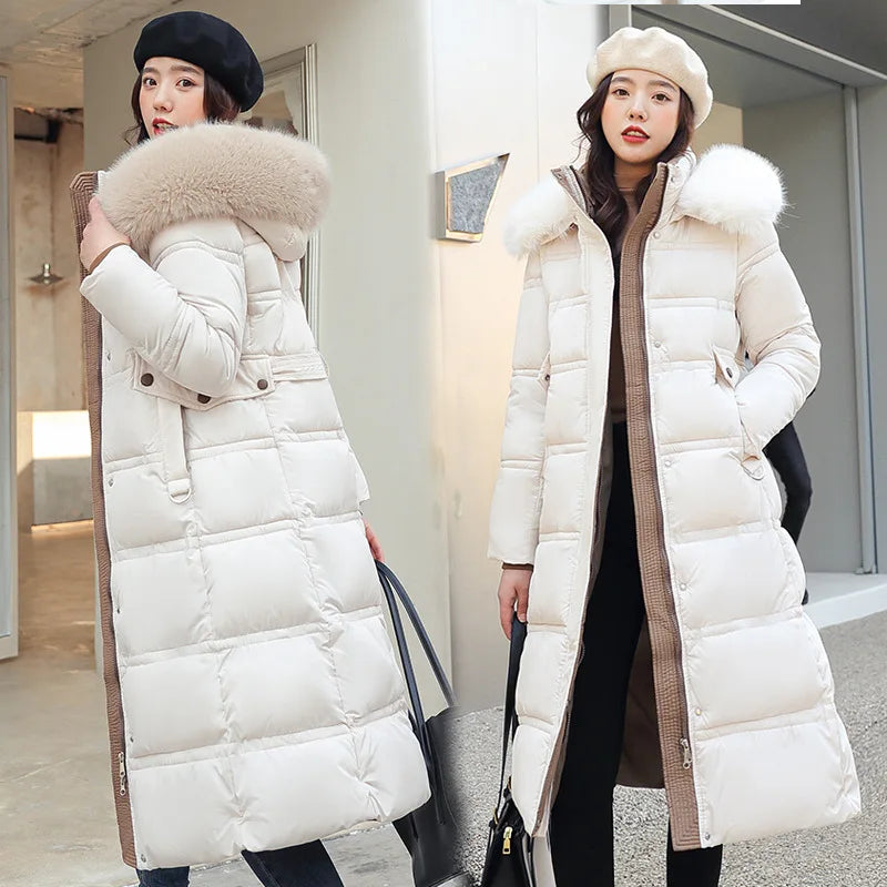 Winter 2025 New Women's Clothing Thickened Long Style Over the Knee Big Fur Collar Hooded Cotton Jacket Down Cotton Jacket Cot