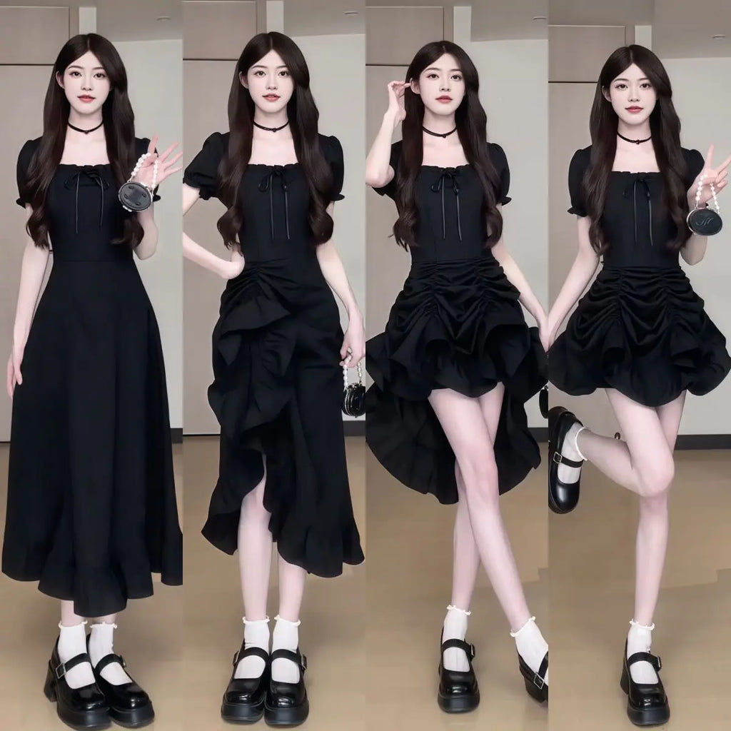 Women's Fashion 1 Dress Four Wear Method Lady Graceful Retro Square Collar Short Sleeve Black Dresses 2025 New Dinner Party Gown