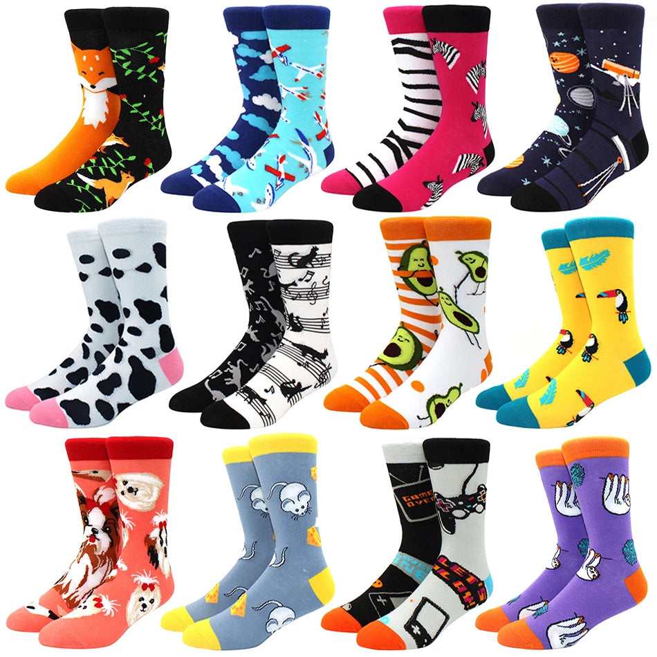 Funny men's and women's socks, cartoons, animals, fruits, beer, patterns, jacquard socks, hip hop skateboard socks
