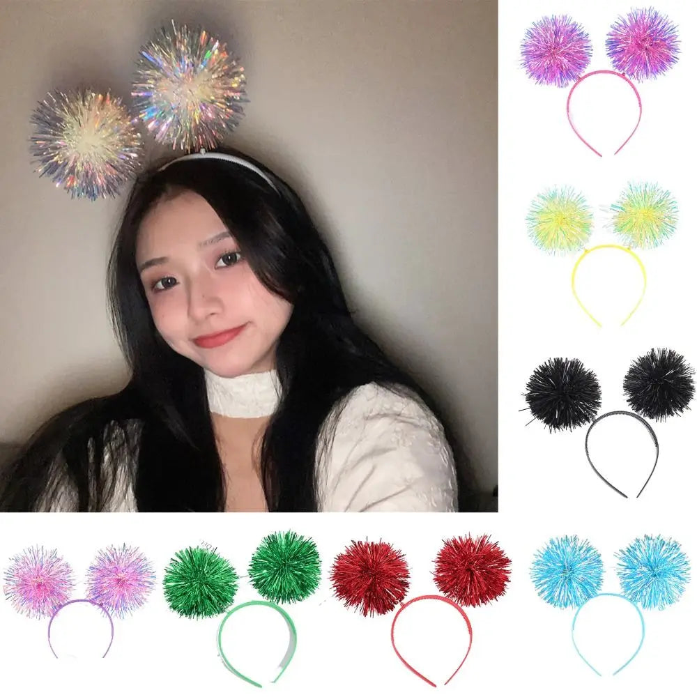 Trendy Bling Pom Pom Headband Cute Giltering Tinsel Headband Colorful Pompom Ball Headband Women Girls Pink