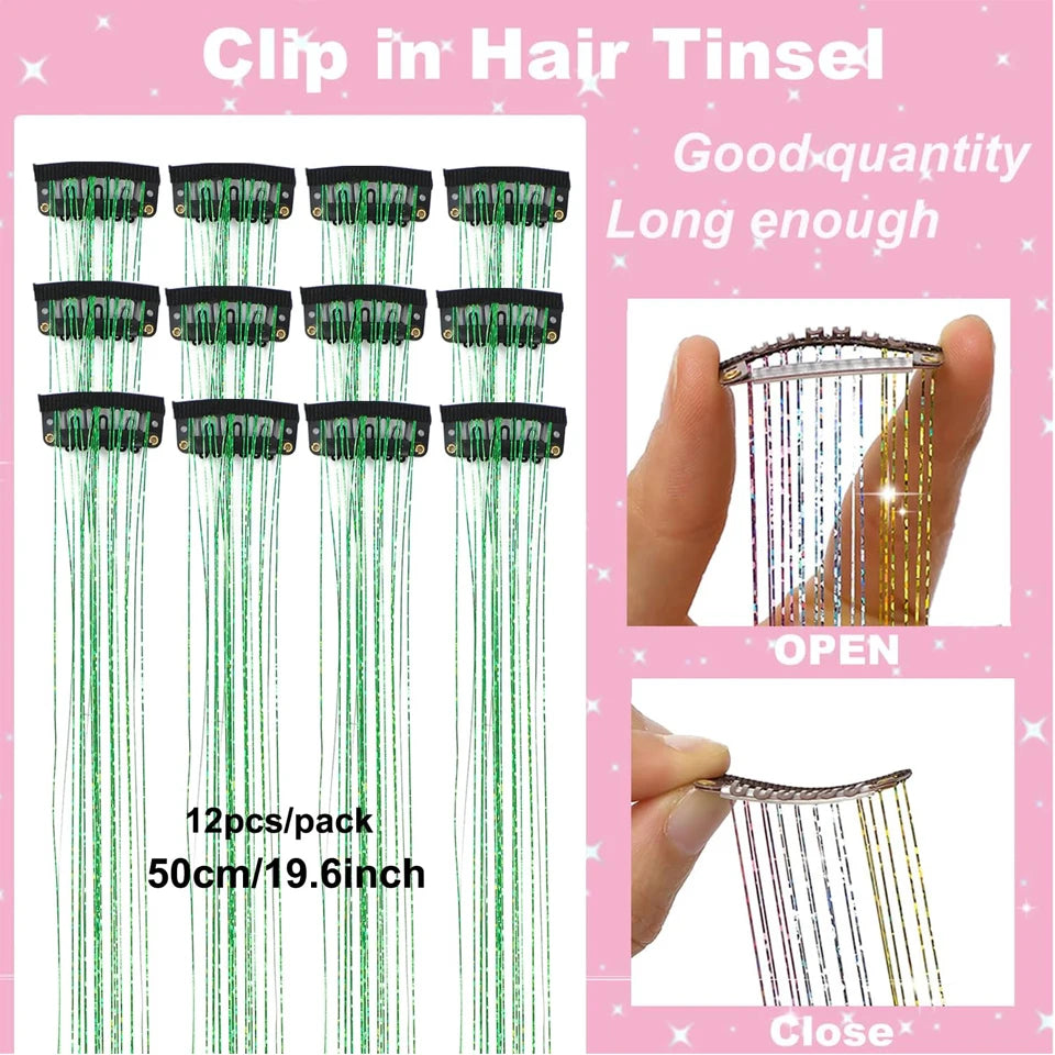 12Pcs Hair Tinsel Clip In Fashion Glitter Tinsel Synthetic Straight Hair Extensions Tinsel Kit Shiny Hair Accessories For Women
