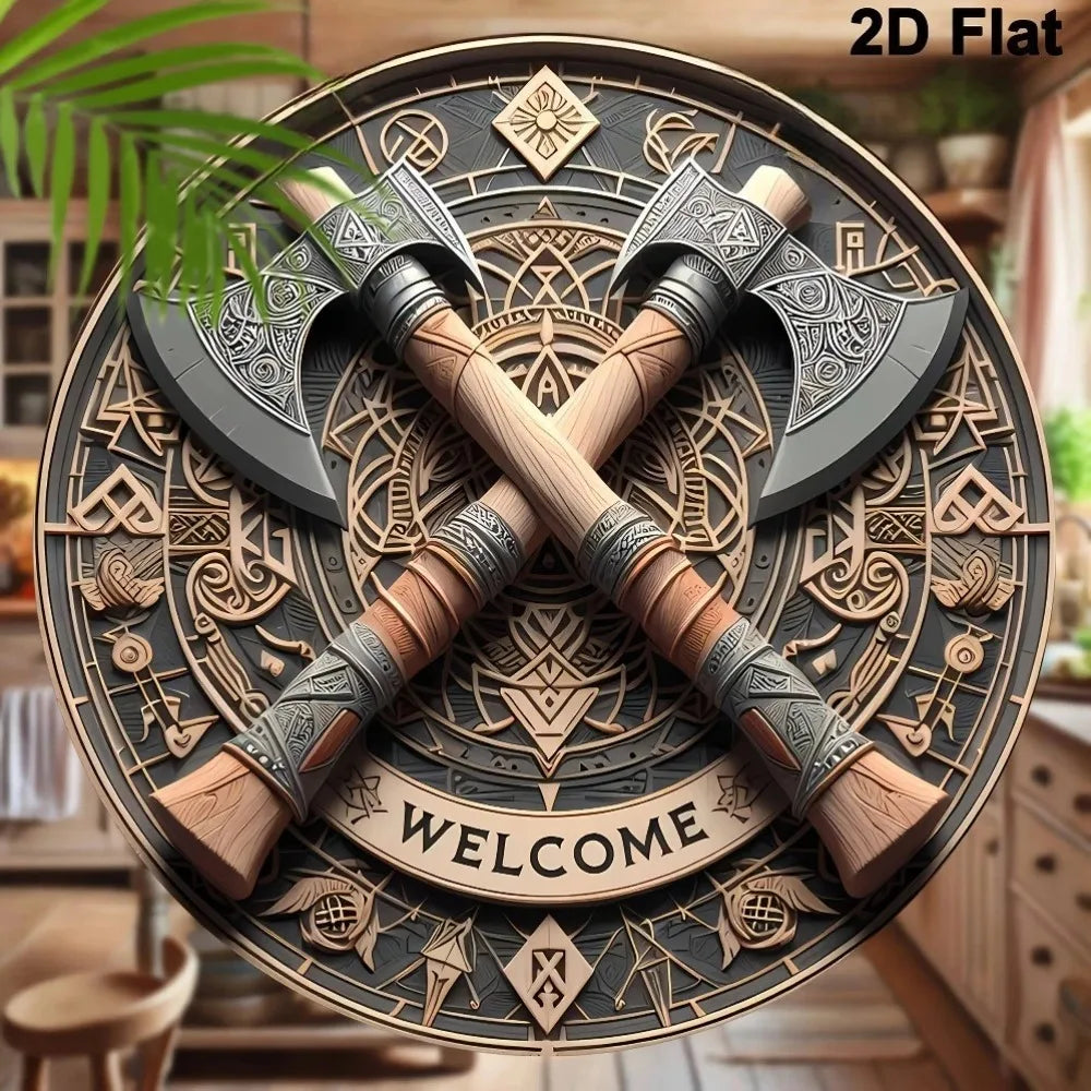 Viking Brand Aluminum Viking Axe Welcome Sign - Norse Design Wall Art Wall-Mounted Unique Home Decor Accent