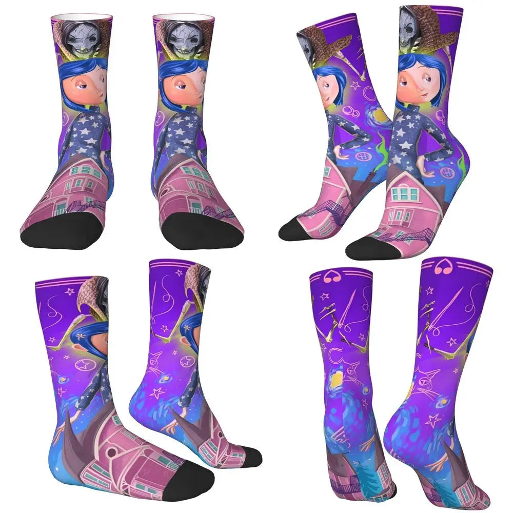Coraline Horror Movie Stockings Design Funny Socks Autumn Non Skid Socks Couple Running Medium Soft Socks