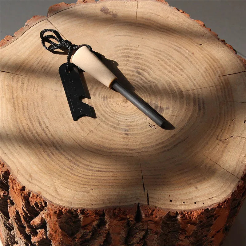 Outdoor survival flint umbrella rope set, wooden handle magnesium rod multifunctional scraper, outdoor camping fire tool