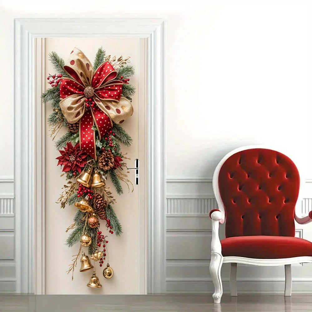 1 Christmas wall decoration - hanging decoration with red bells and green leaves - holiday room decoration, holiday design