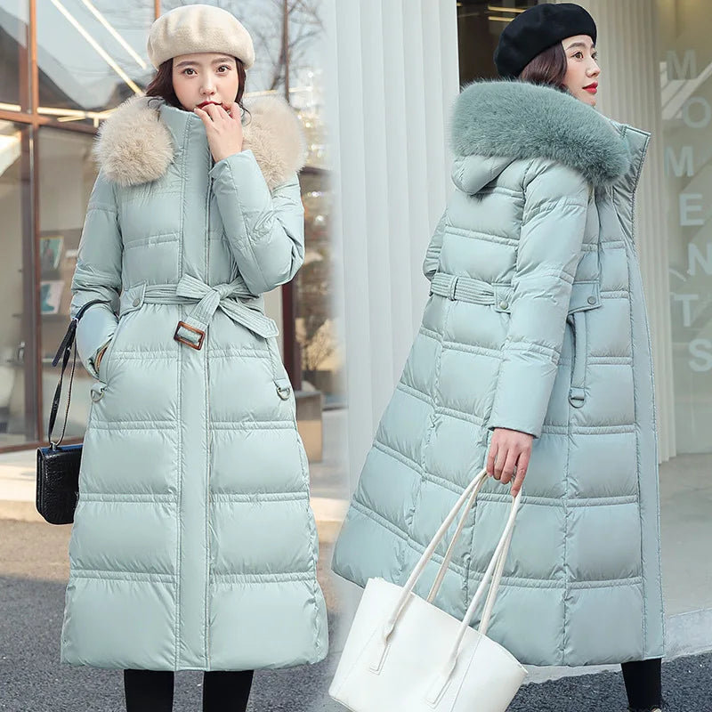 Winter 2025 New Women's Clothing Thickened Long Style Over the Knee Big Fur Collar Hooded Cotton Jacket Down Cotton Jacket Cot