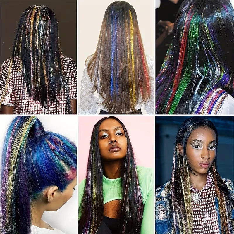 12Pcs Synthetic Hair Tinsel Clip in 52cm Glitter Tinsel HairClip in Hair Tinsel Kit Heat Resistant Shiny Sparkle Fairy Hair