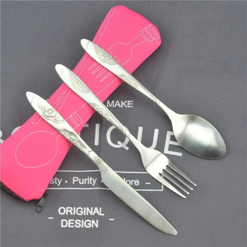 Stainless Steel Tableware Set Portable Cutlery Kit with Carry Case for Travel Camping Picnic Outdoor Meals Reusable Utensils