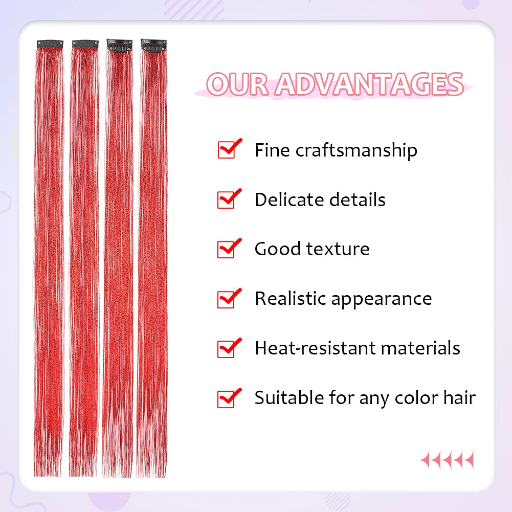 Clip in Hair Tinsel Synthetic 22 Inch Colorfull Tinsel Hair Extensions 5Pcs/Pack for Women Girls Party Christmas New Year Gift