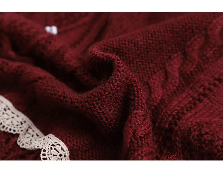 Women Clothing 2026 Autumn Winter Vintage Lovely Lace Doll Neck Wine Red Sweater Languid Breeze Soft Waxy Sweet Sweater Women